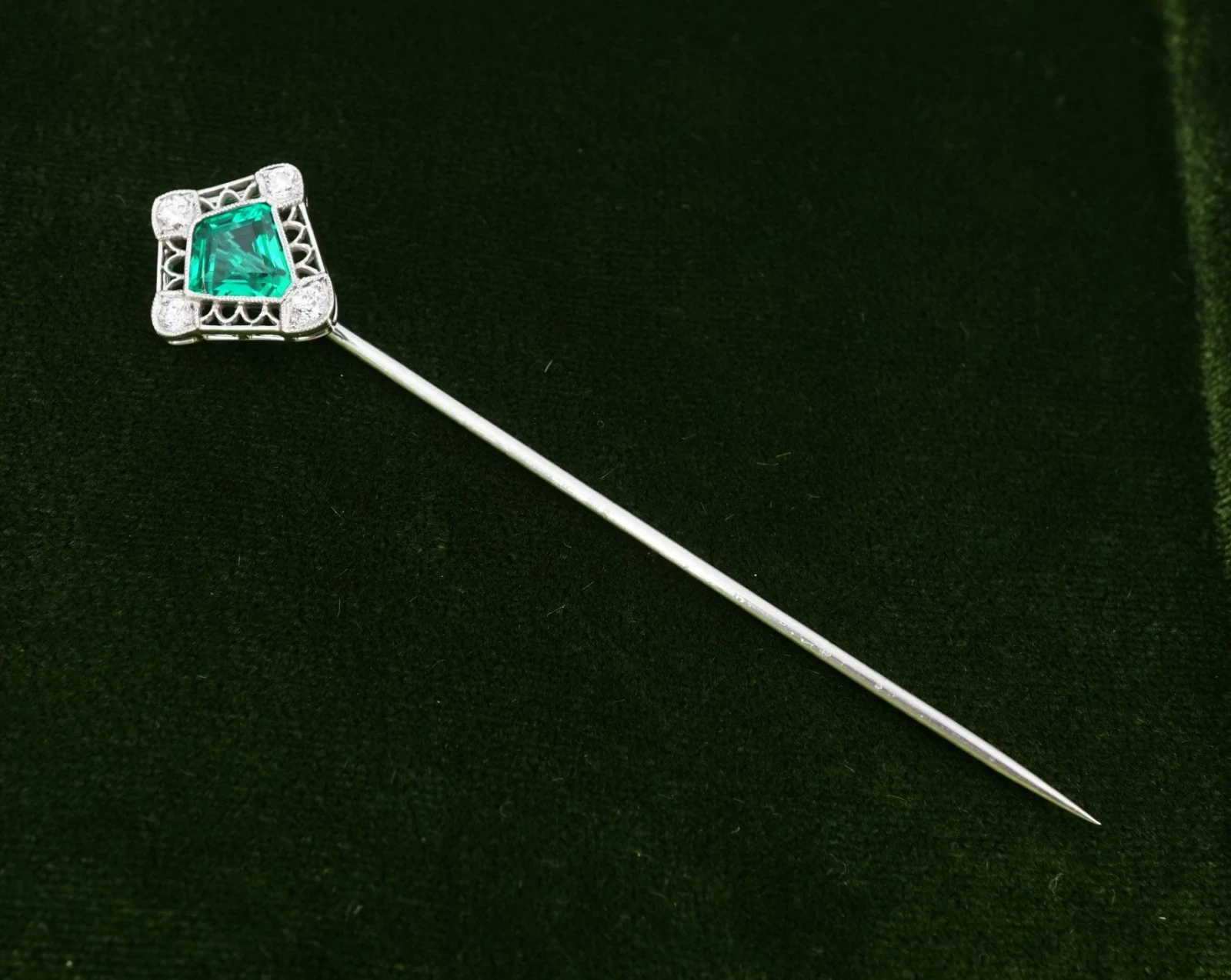 Platinum Colombian Emerald Natural OMC Diamond Stick Pin Antique Hat Pin, view 4