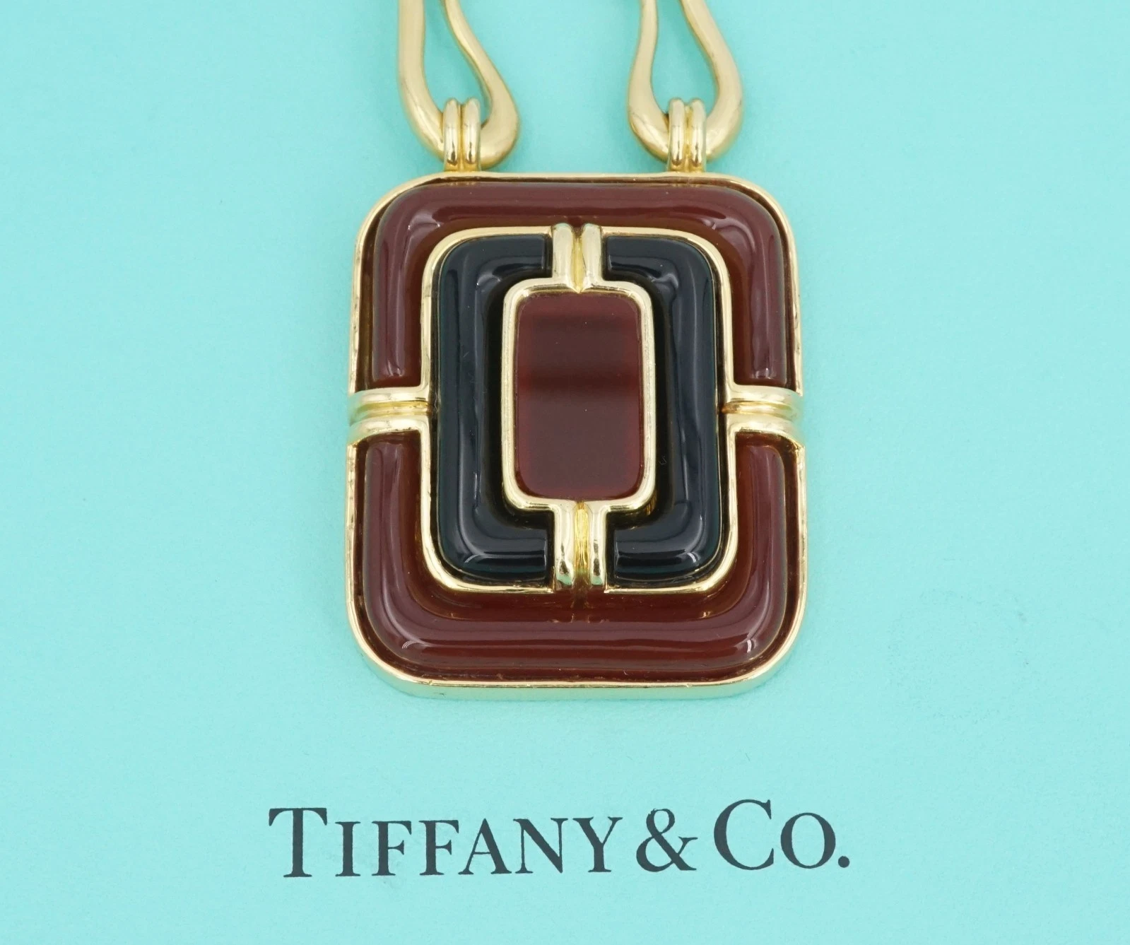 Tiffany Co 18k Carved Carnelian Onyx Inlay Pendant Necklace 28" Rare, view 1