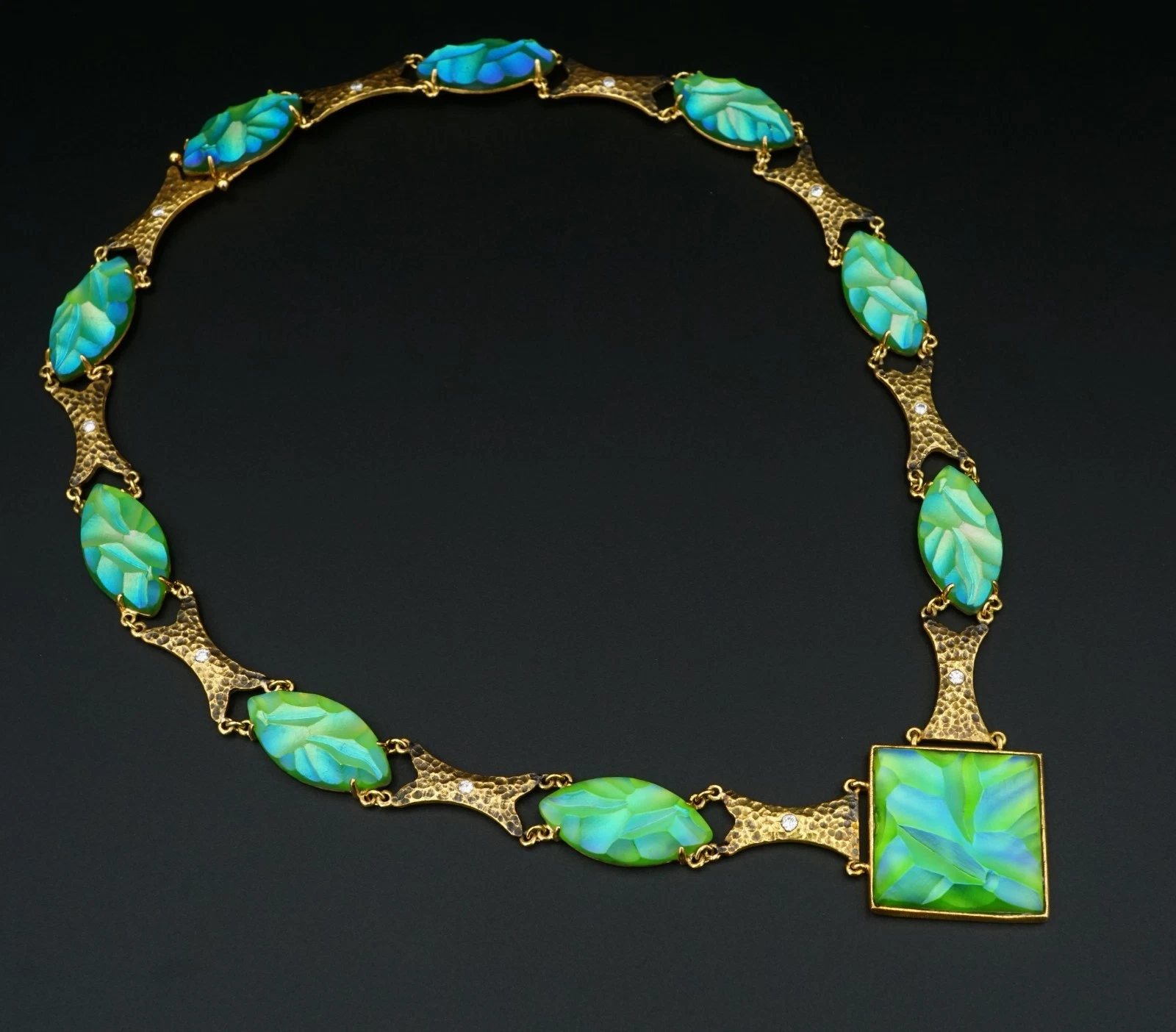 Vintage 18k Carved Blue Favrile Glass Diamond Suite 1.4ctw Yellow Gold, view 5