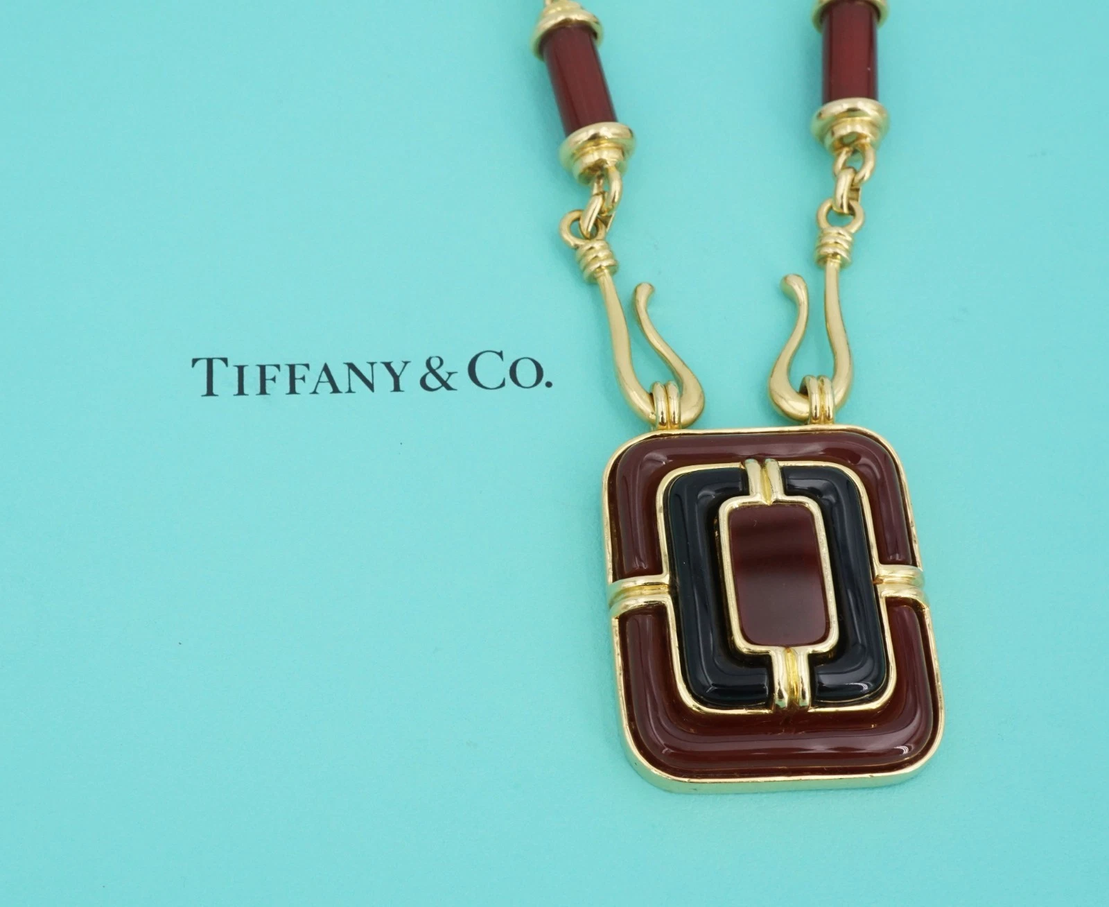 Tiffany Co 18k Carved Carnelian Onyx Inlay Pendant Necklace 28" Rare, view 5