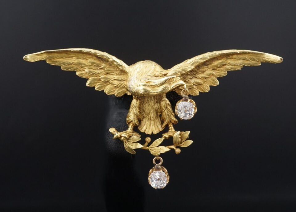 Impressive Antique French Eagle 18k Gold 1ct Mine Cut Diamond 3D Brooch 3" OG510