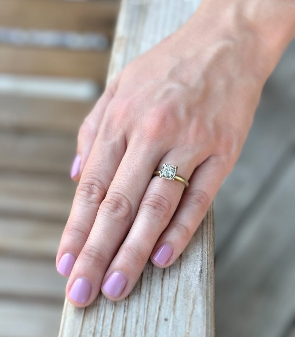 Vintage Bluebonnet 2 Tone 14k Gold 2/3ct Diamond Engagement Ring Size 6 shown worn