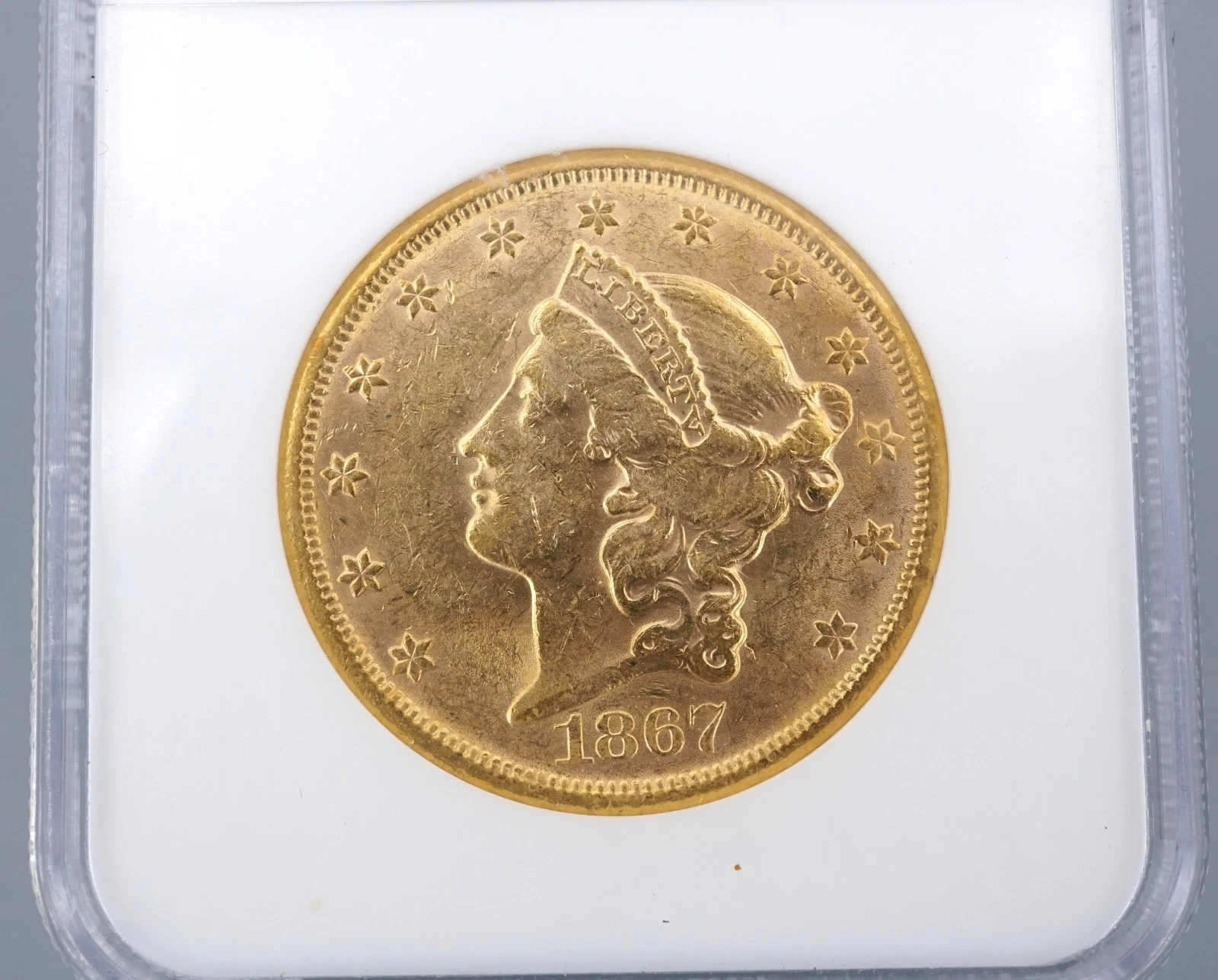 1867-S Double Eagle Gold $20 Dollar Coin NGC AU58 Motto, view 2