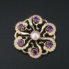 Vtg 14k Yellow Gold Amethyst Seed Pearl Sunburst Scroll Pin Brooch 1.4", view 3
