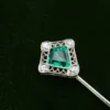 Platinum Colombian Emerald Natural OMC Diamond Stick Pin Antique Hat Pin, view 3