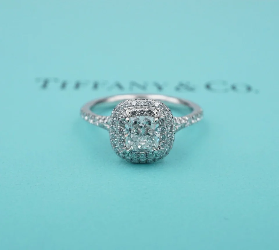 Tiffany & Co. Soleste Diamond Halo Ring Platinum Sz 6 Box 1.25ctw Cushion RG4862
