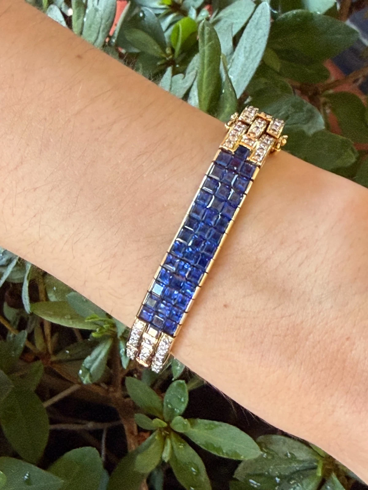 Craig Drake 18k 25cttw Natural Sapphire & Diamond Bracelet Yellow Gold 7" shown worn