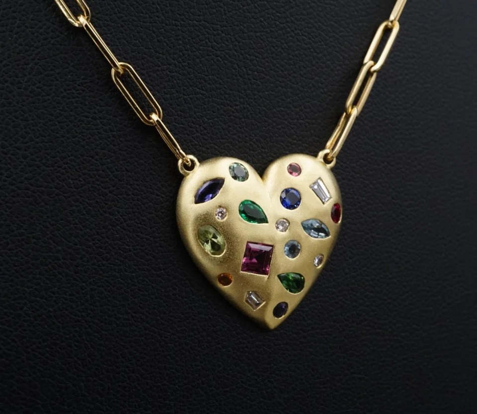 Designer Lauren K 18k Yellow Gold Heart Cluster Gem Pendant Necklace 18" CO1343