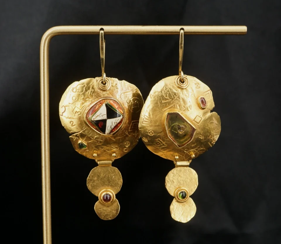 Colette Denton 20k Gold Tourmaline Earrings Enamel Artisan 1996 2.5" #14 EG2830