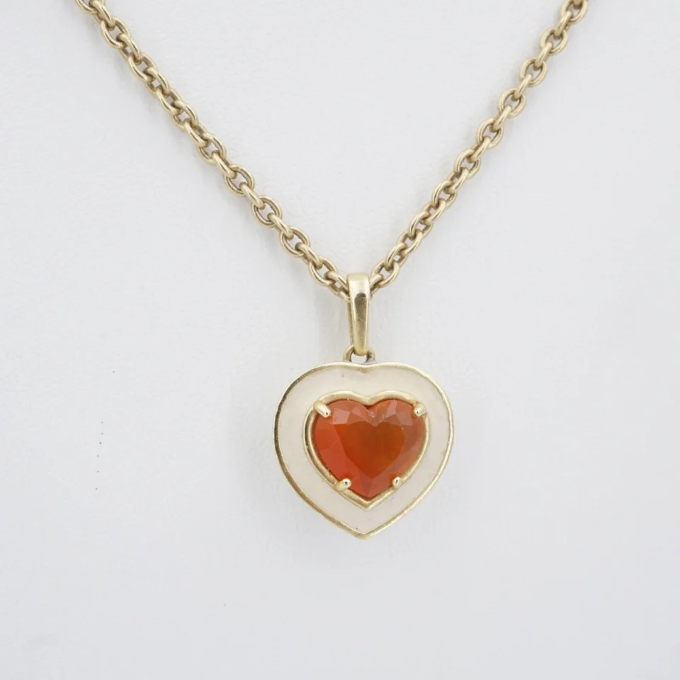Sonja Picard 18k Gold Enamel Fire Opal Diamond Heart Necklace 24" CO1271