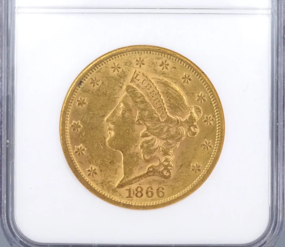 1866-S Double Eagle Gold $20 Dollar Coin NGC AU58 Motto CN1000