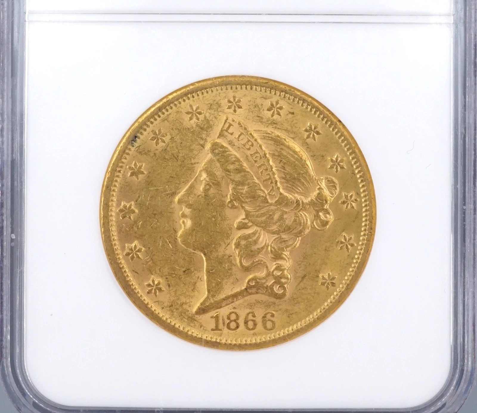 1866-S Double Eagle Gold $20 Dollar Coin NGC AU58 Motto, view 1