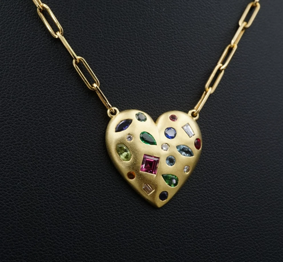 Designer Lauren K 18k Yellow Gold Heart Cluster Gem Pendant Necklace 18", view 4
