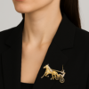 Trotting Horse and Sulky Driver Brooch Vintage 18K Gold Platinum Diamond shown worn