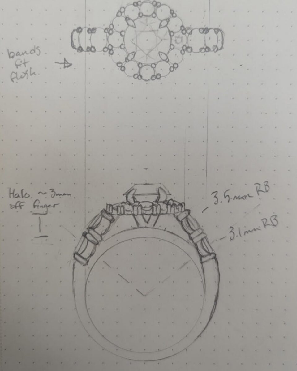 Hand-drawn design study for a round diamond halo ring with flush-fitting diamond bands and millimetre stone sizes