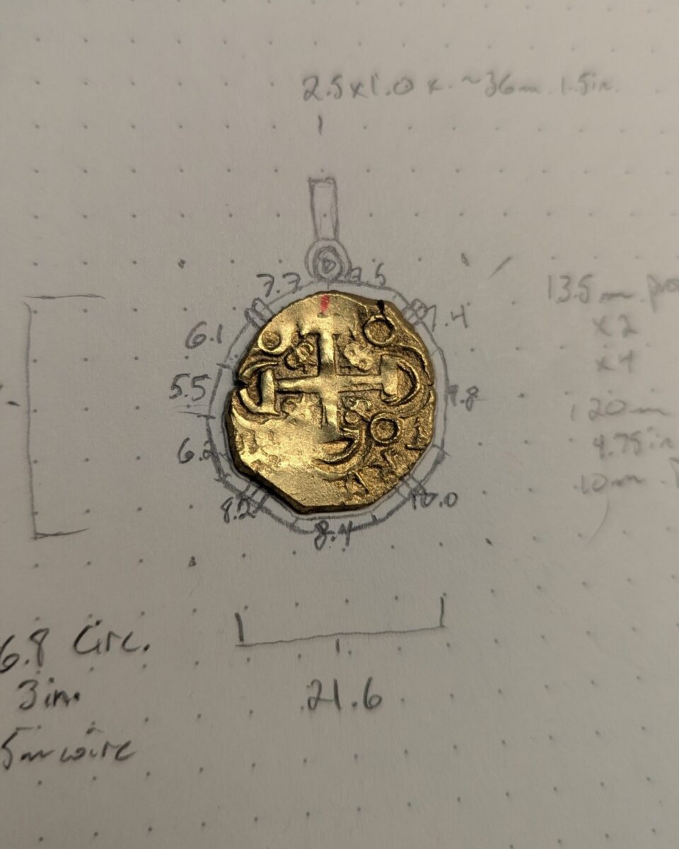 Hand-drawn bezel design study around an antique Spanish two-escudo gold cob coin