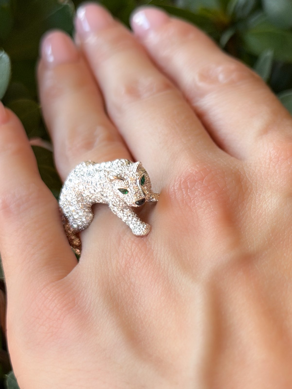 Vintage 18k Panthere De Cartier Diamond Emerald Onyx Walking Panther Ring shown worn, view 3