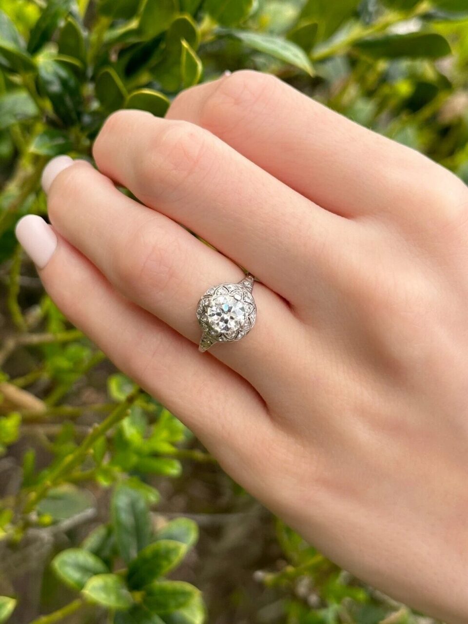 Antique Engagement Ring 18k Platinum Natural Diamond Filigree Size 5 shown worn