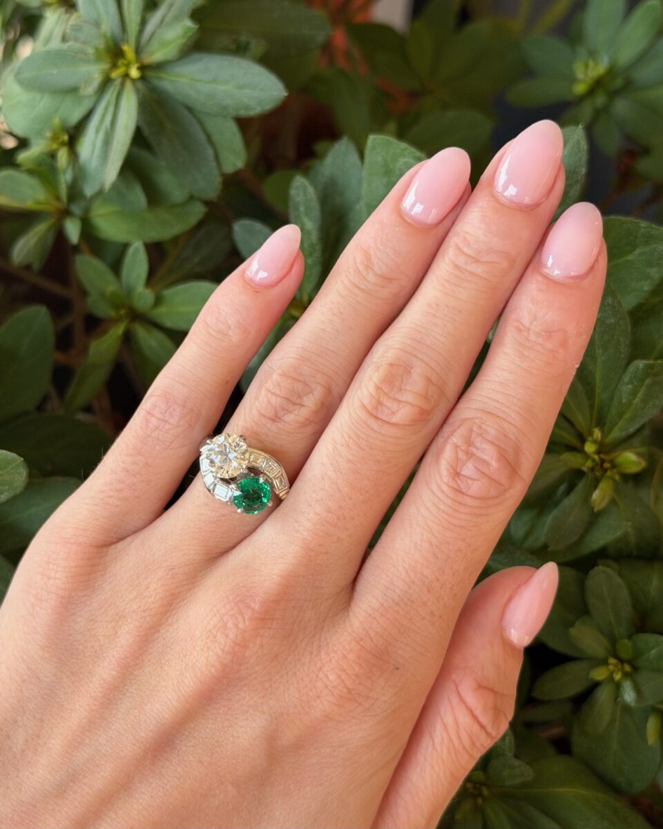 2.7ct Natural Emerald & Diamond Bypass Toi et Moi Ring Size 6 Vintage shown worn