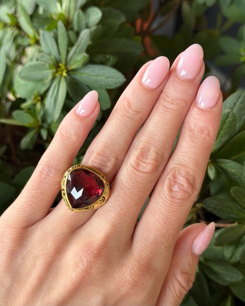 12ct Rubellite Tourmaline Cocktail Ring 18k Yellow Gold Size 7.5 Estate shown worn