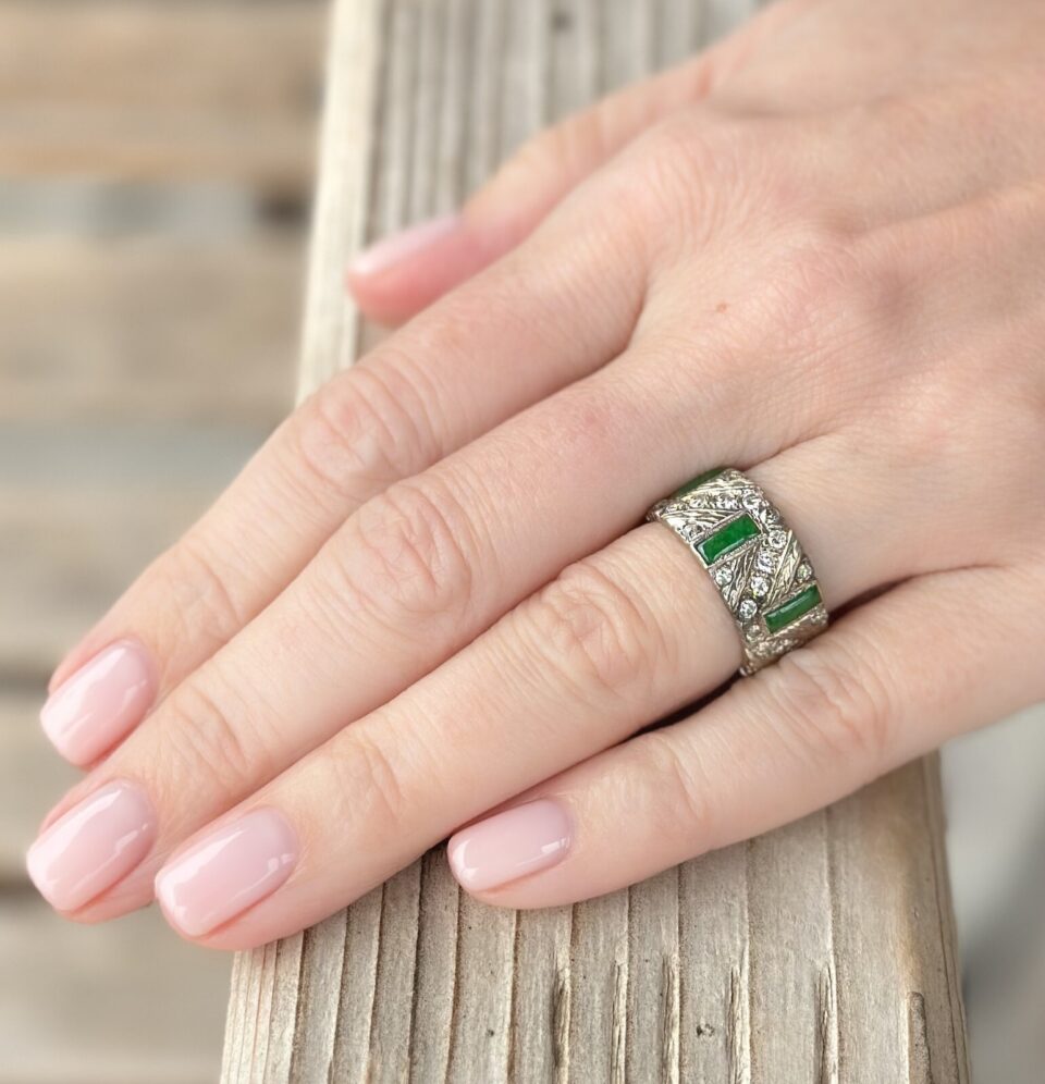 Vintage Apple Green Jade and Diamond 14k Gold Wide Band Ring Size 5.5 shown worn