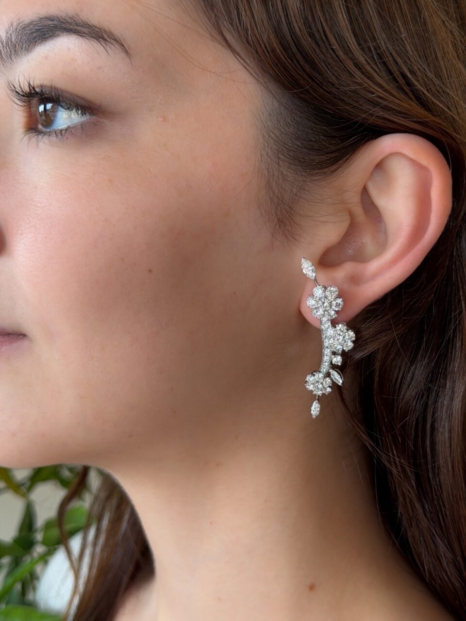 Van Cleef Arpels Folie de Pres Flower Diamond Earrings 18k 2" w/ Box shown worn