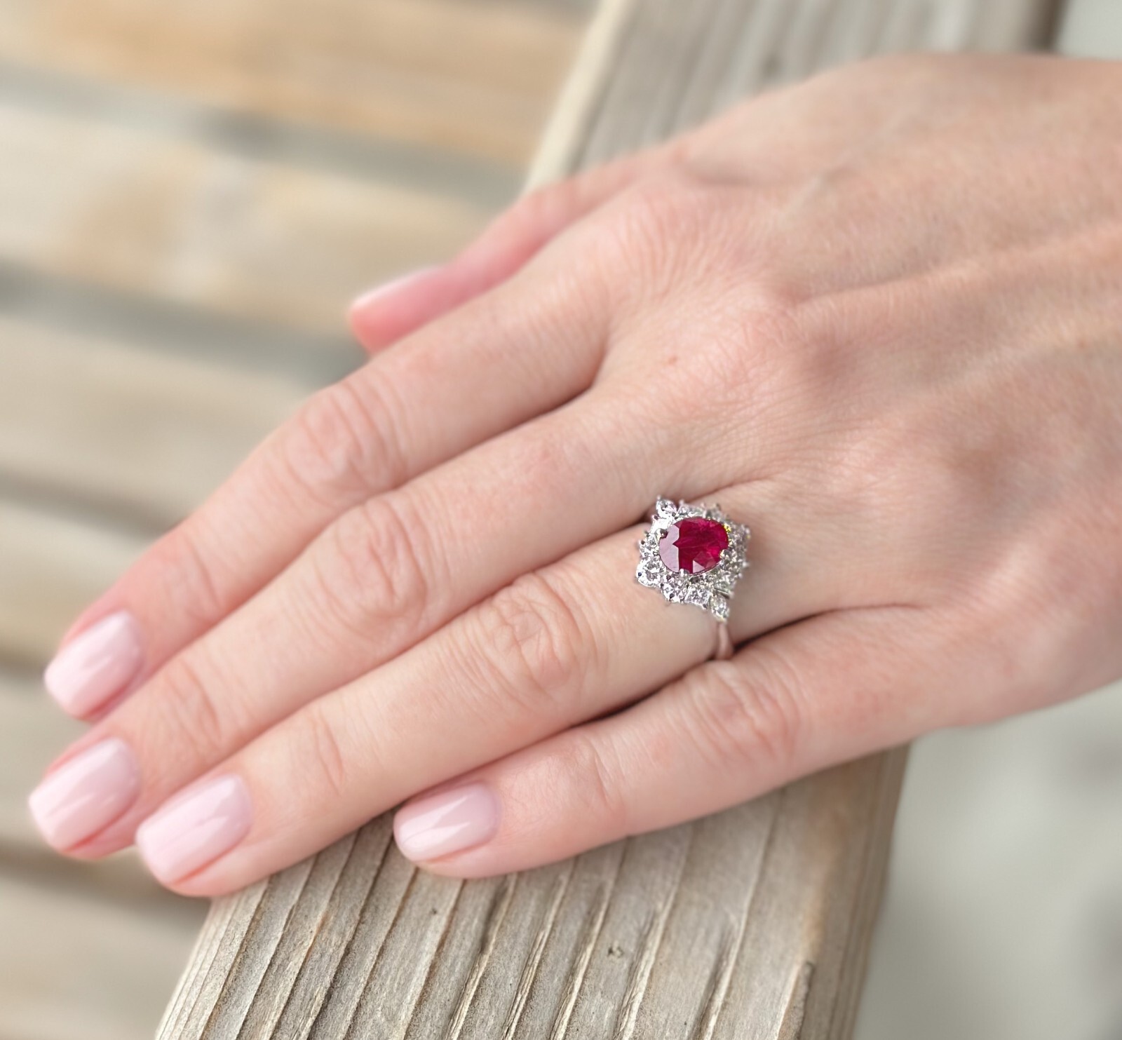 NWOT 14k White Gold 2.2 ctw Oval Ruby Diamond Halo Ring Size 5.5 shown worn