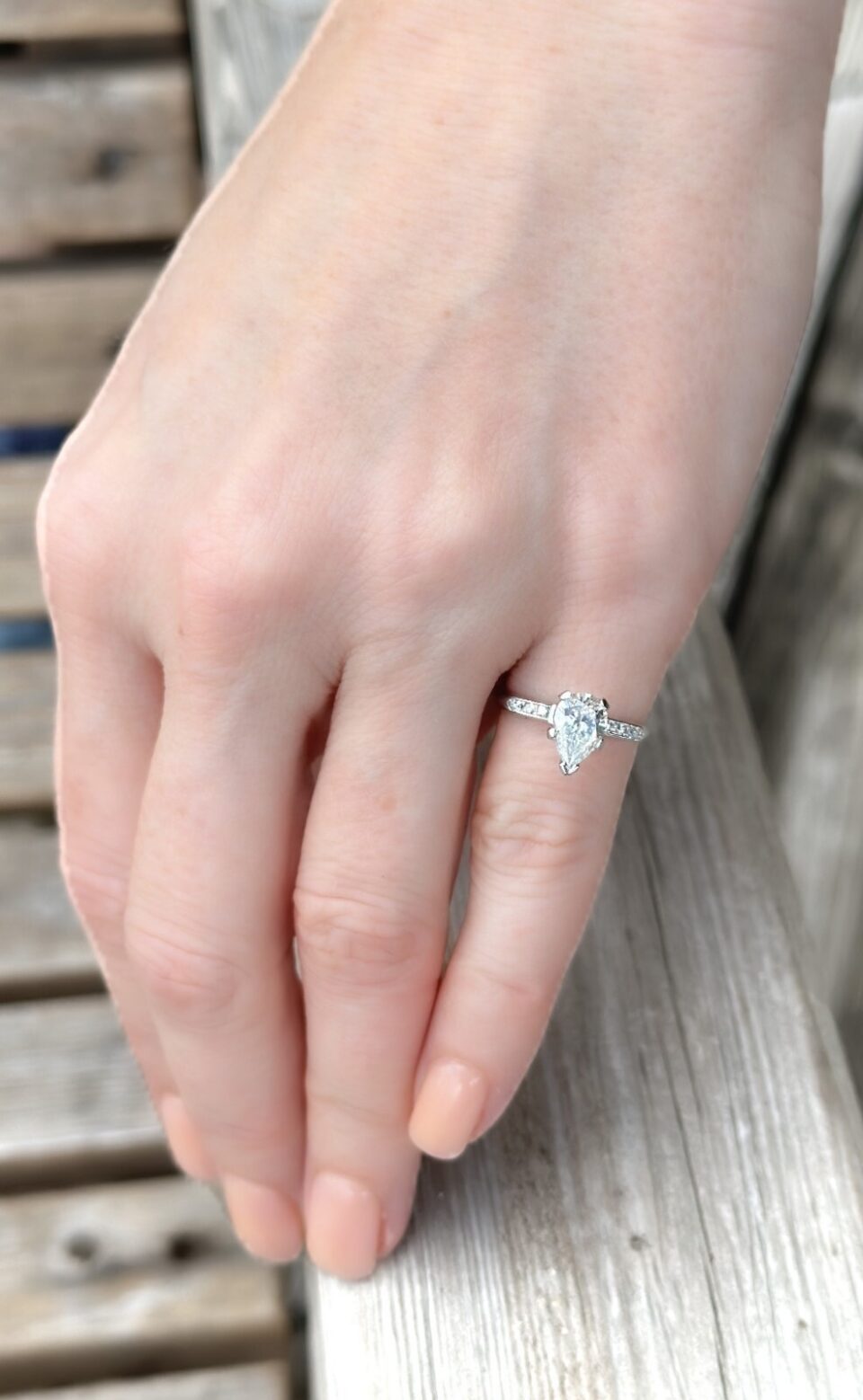 Vintage Platinum 1 carat Pear Diamond Engagement Ring Size 4.5 Sizable shown worn