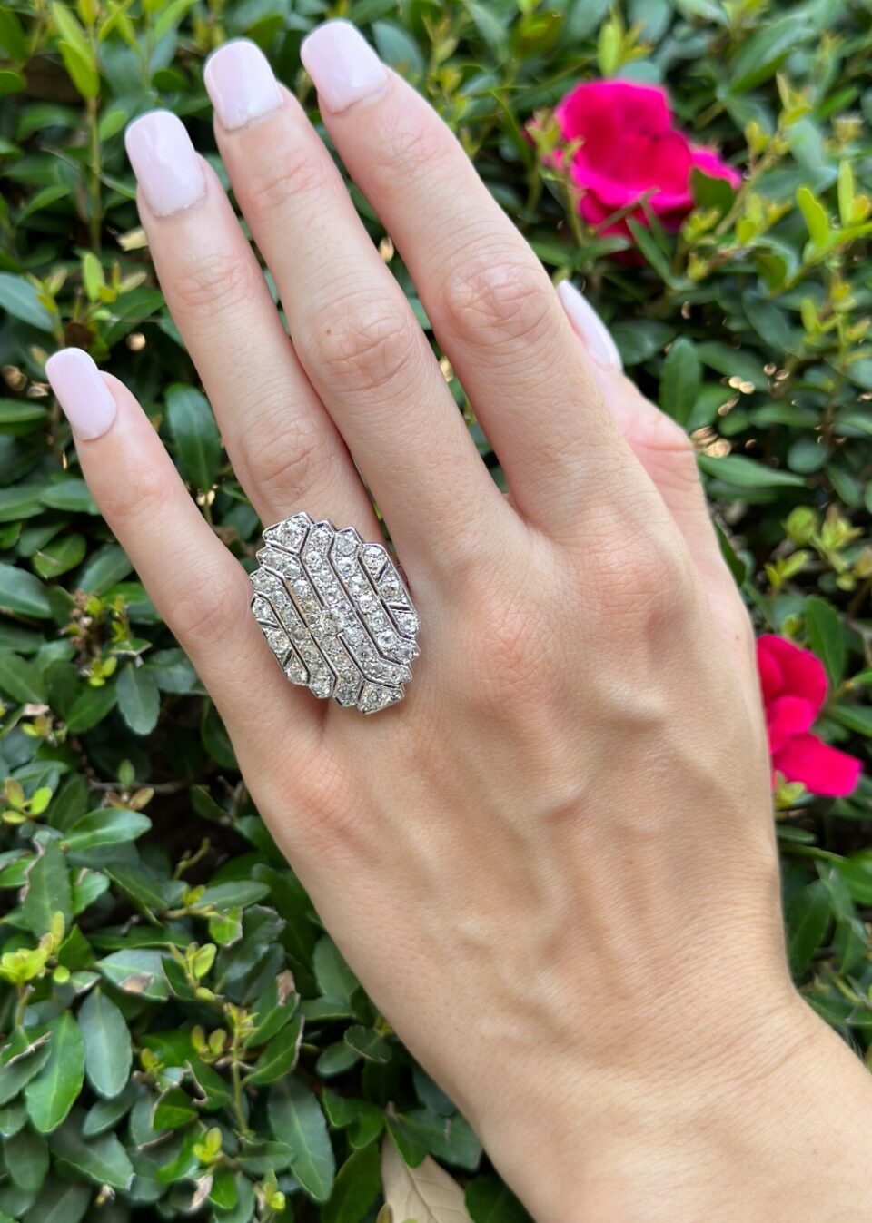 Vintage 18k White Gold Diamond Pave Cocktail Shield Ring Size 6.5 shown worn