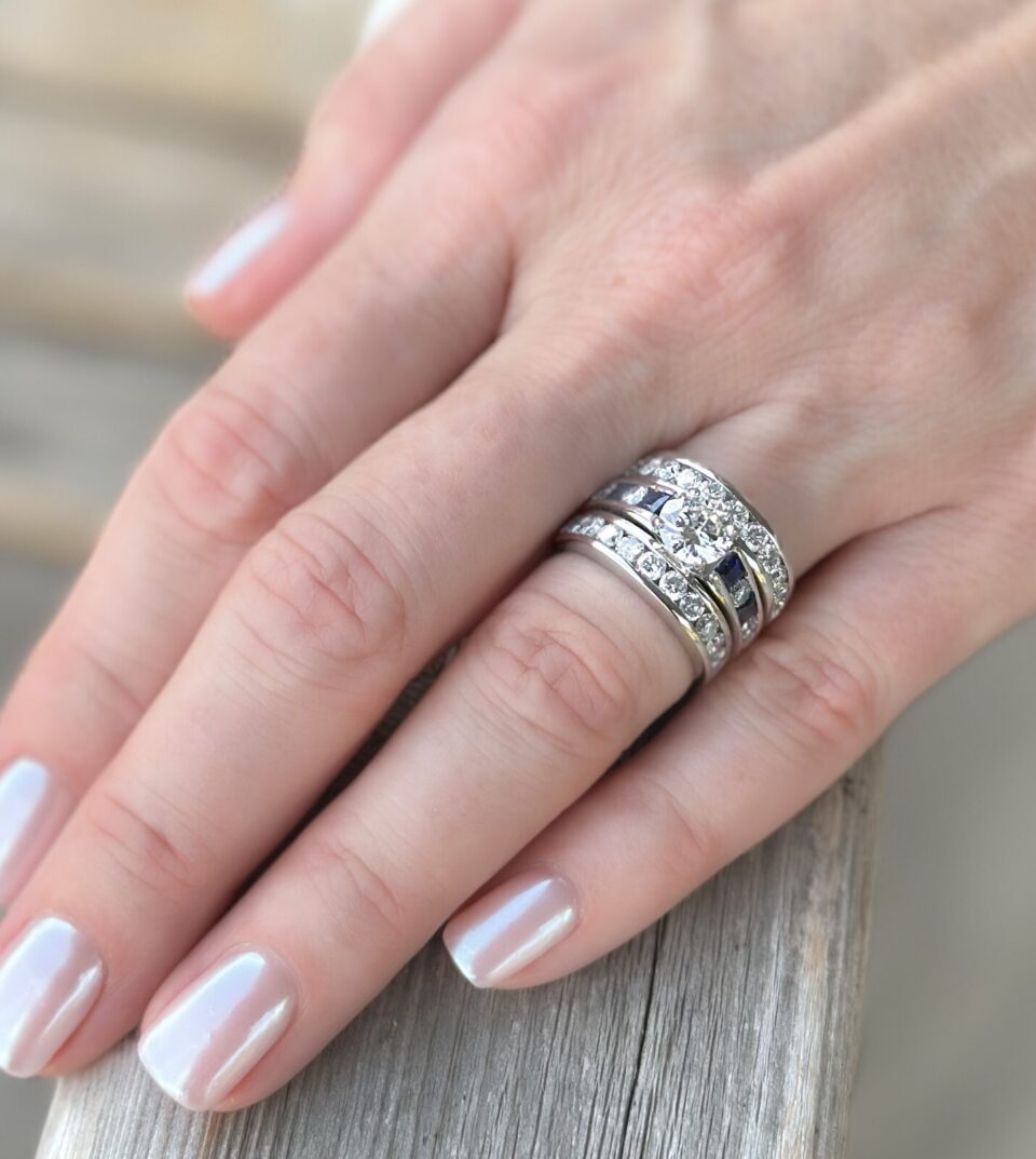 14k White Gold 3.8 ctw Diamond Engagement Ring Bridal Set Sz 6 Euro Shank shown worn