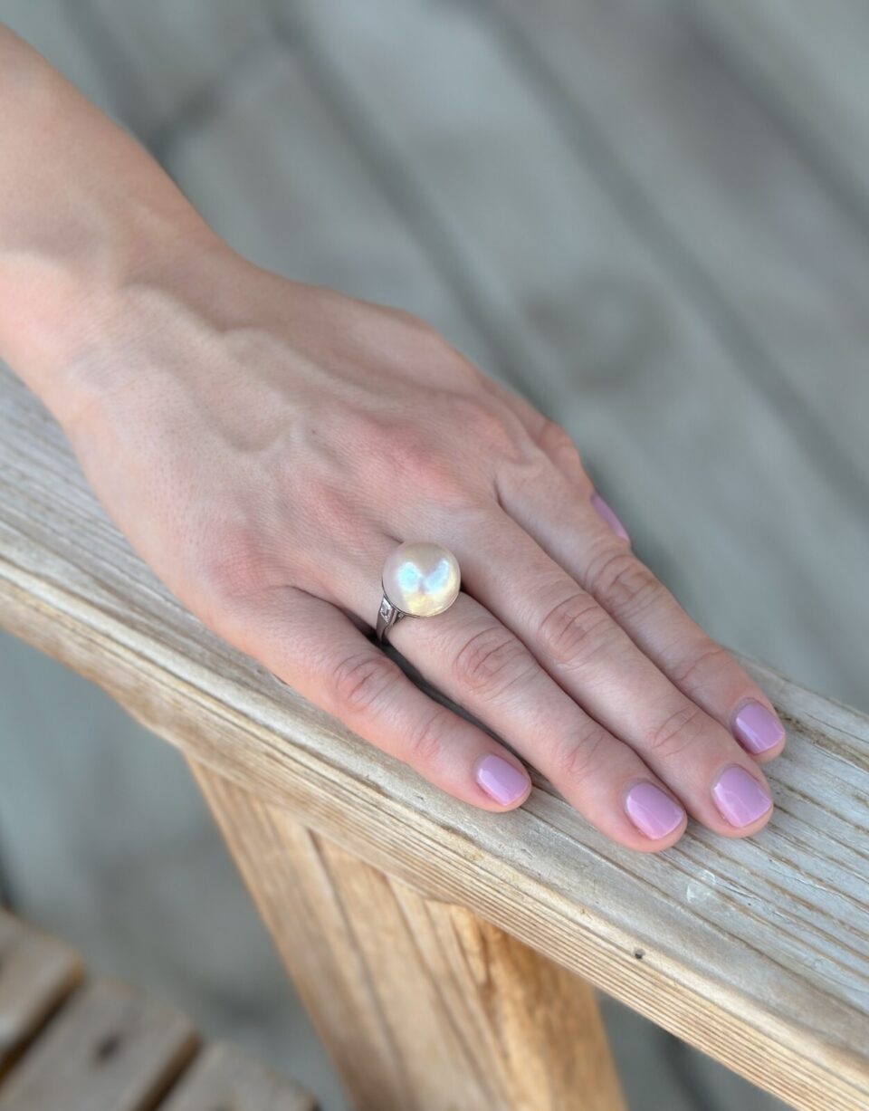 Vintage Mabe Pearl Diamond Ring Platinum Size 6.75 15 mm shown worn