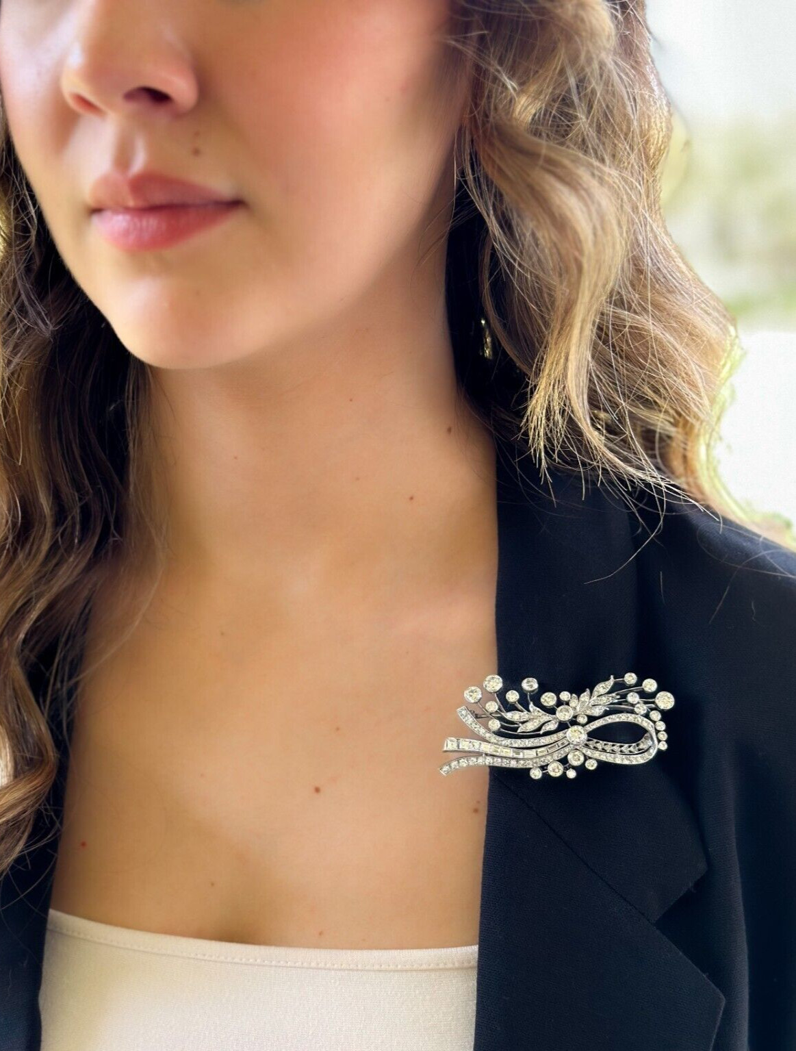 Diamond Ribbon Brooch 18k White Gold 9 carat 3" Luxe shown worn