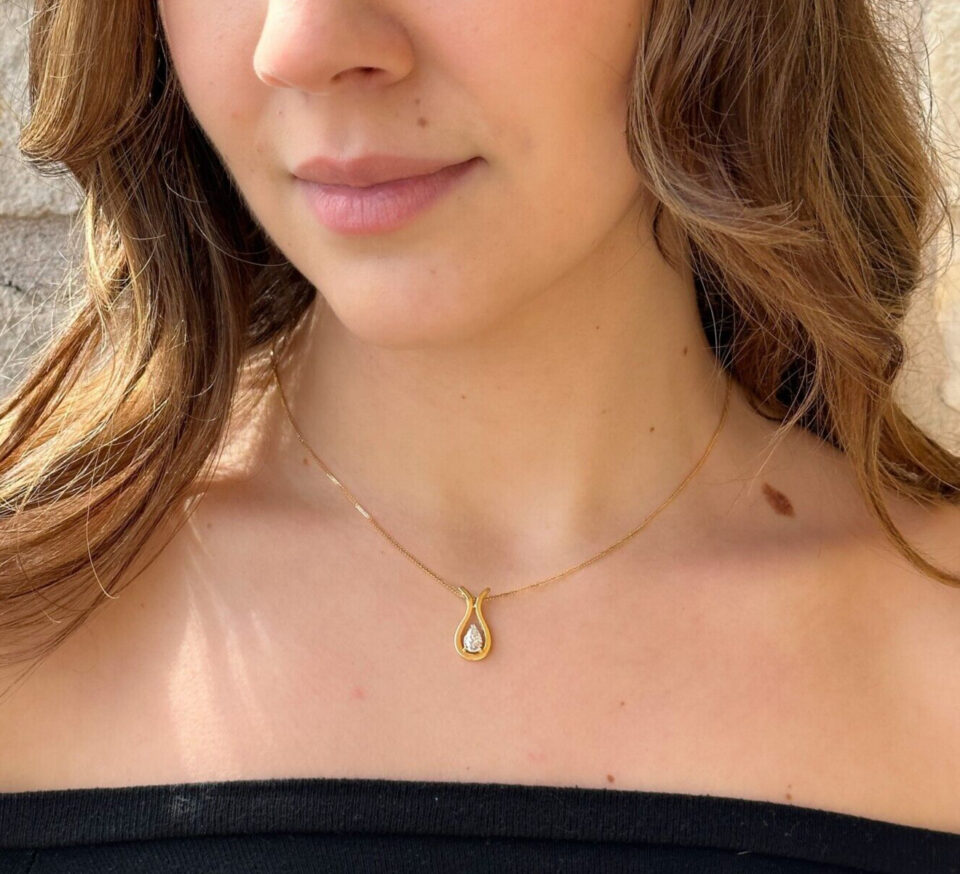 14k Yellow Gold 3/4ct Natural Pear Diamond Solitaire Pendent Necklace 18" shown worn