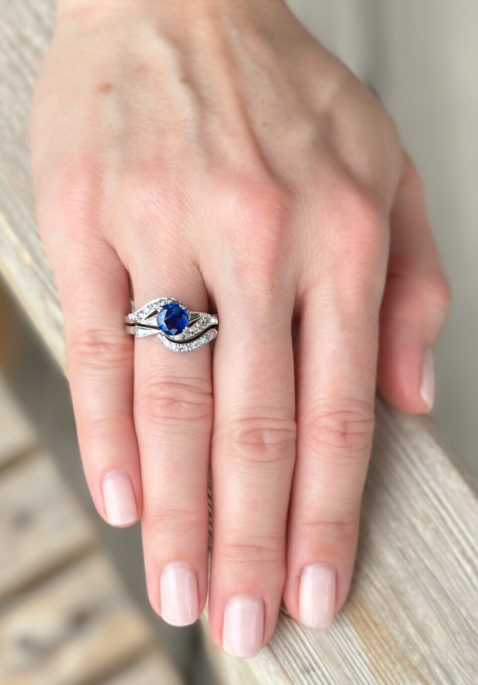 Vintage Platinum 2ct Natural Ceylon Sapphire Diamond Ring Set Size 8 shown worn
