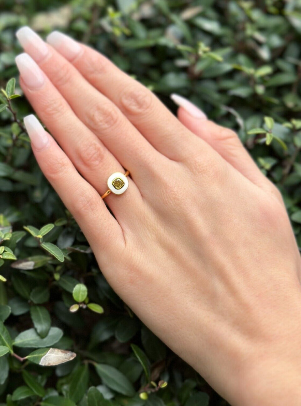 14k Gold Orange Diamond with White Enamel Halo Ring Sz 6.5 Circle Modern shown worn