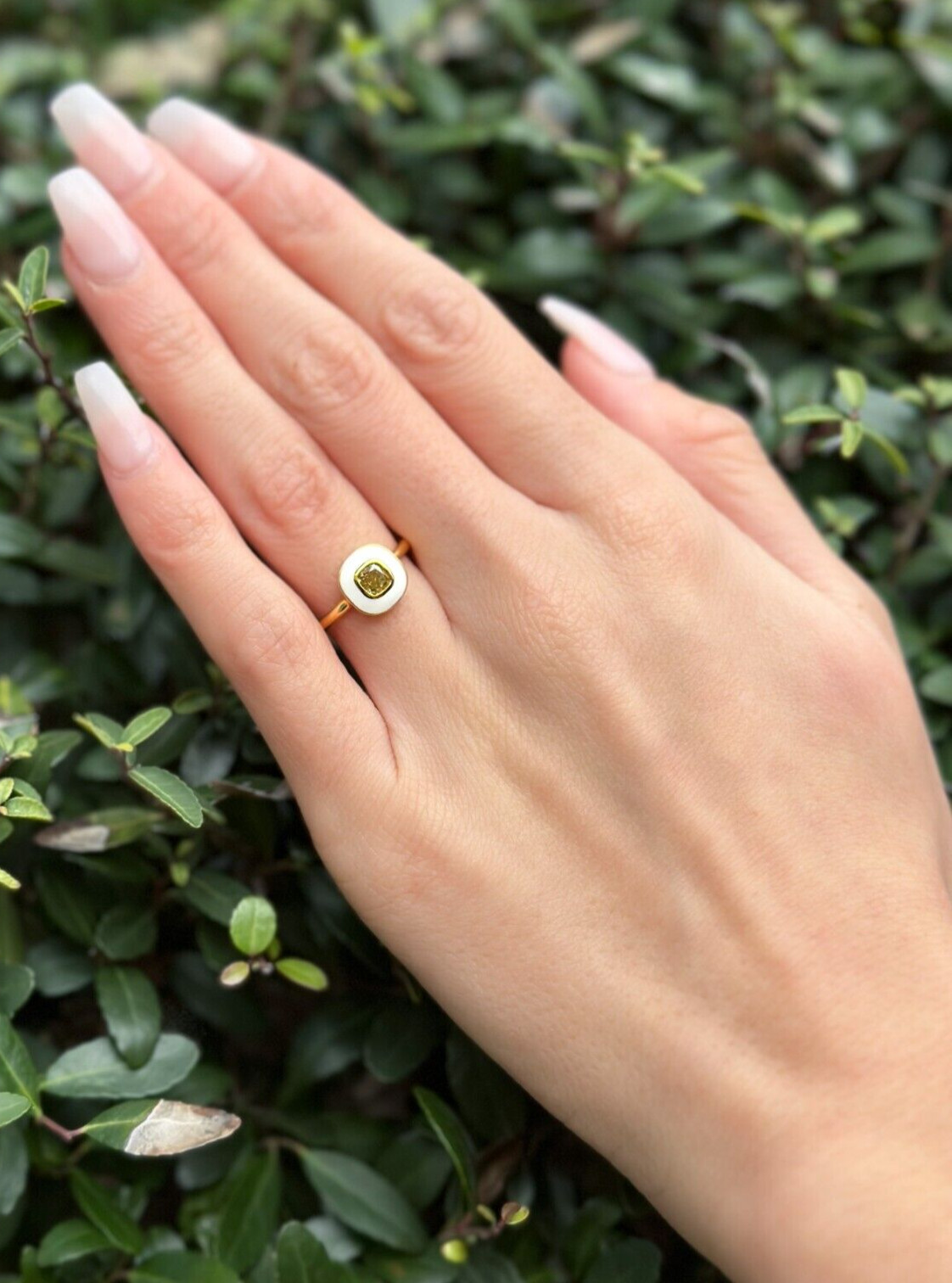 14k Gold Orange Diamond with White Enamel Halo Ring Sz 6.5 Circle Modern shown worn