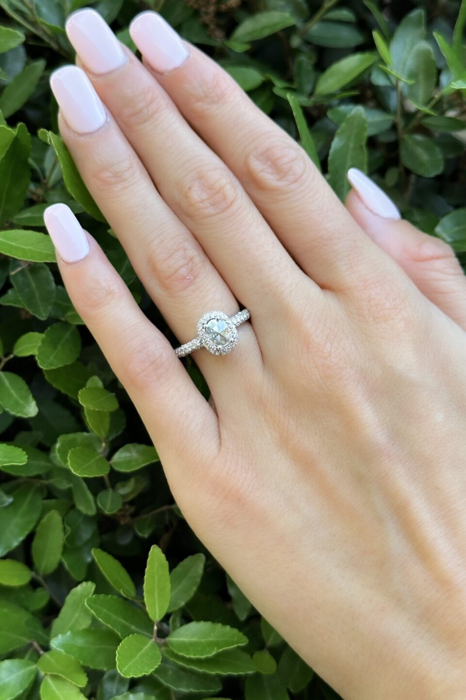 Oval Diamond Halo Engagement Ring 18k White Gold 1.4 ctw Size 6 shown worn