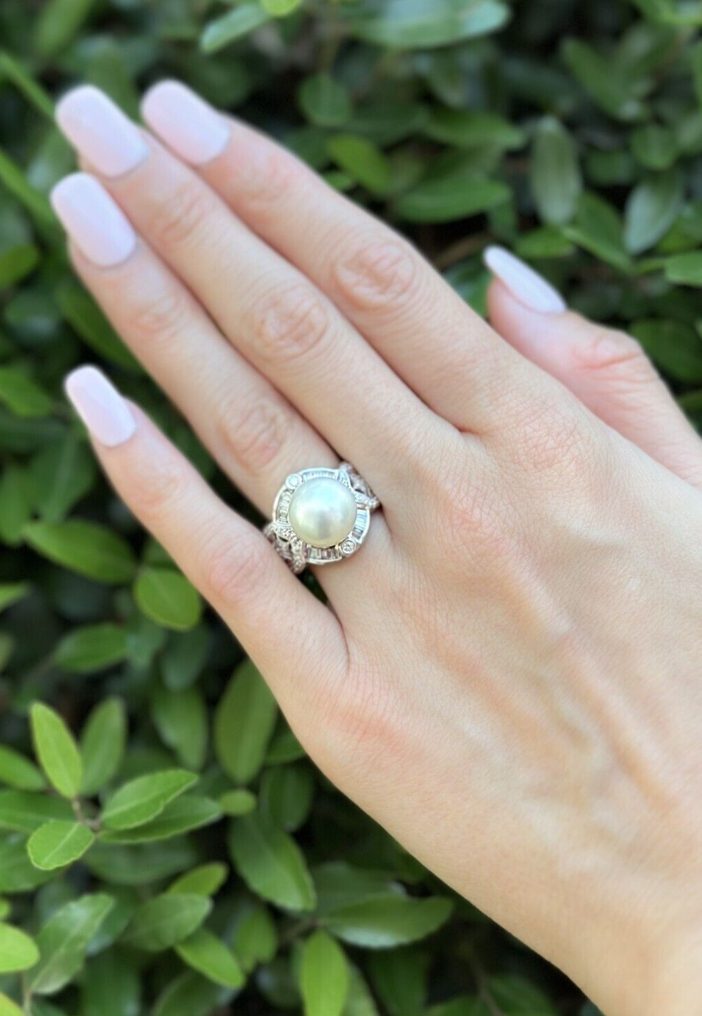 Vintage 18k Diamond Pearl Cocktail Ring Size 7.75 White Gold 11.5 mm shown worn, view 3