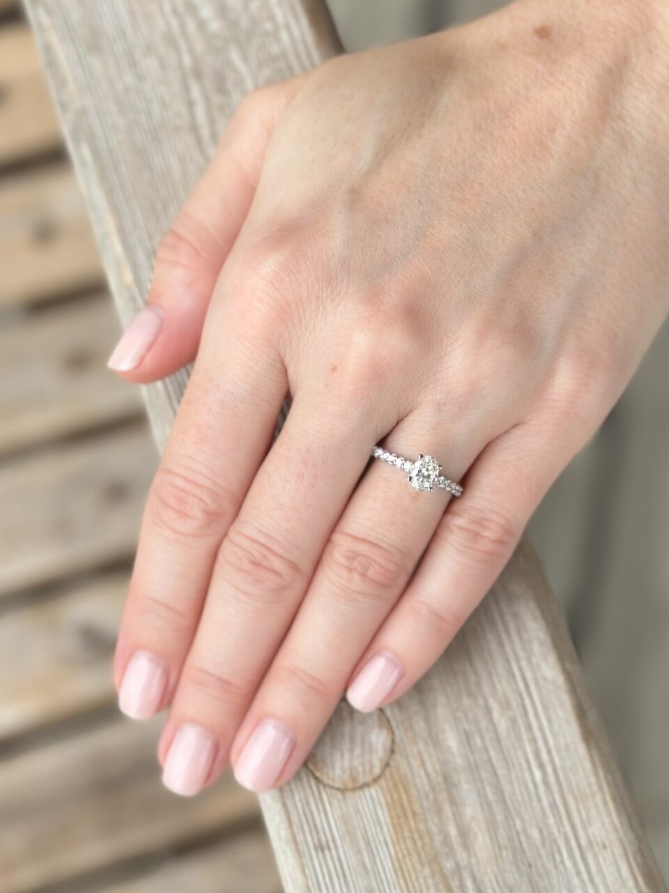 Helzberg 14k White Gold 1ct Oval Cut Diamond Engagement Ring Size 6 GSI shown worn