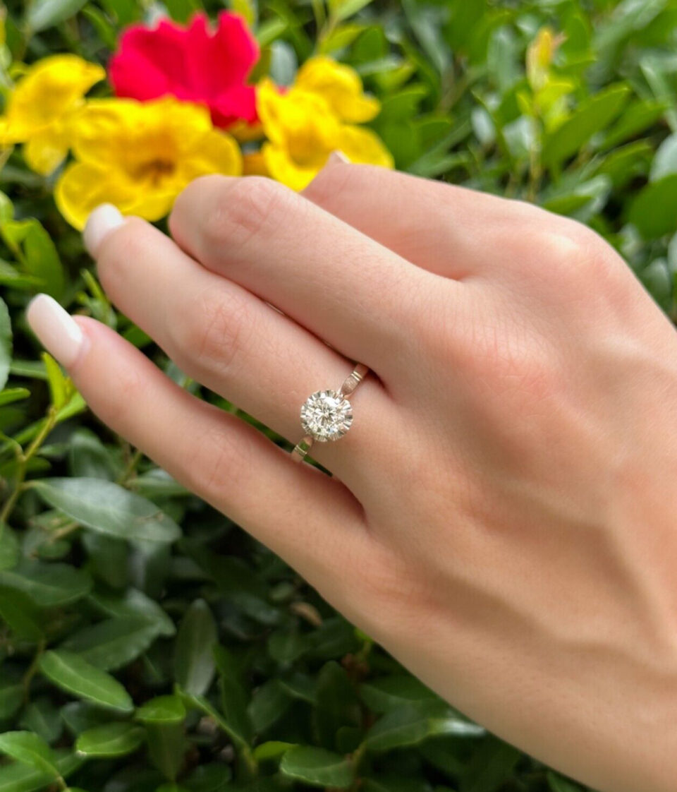 18k White Gold Natural Diamond Engagement Ring Sz 6.5 French Mid Century shown worn