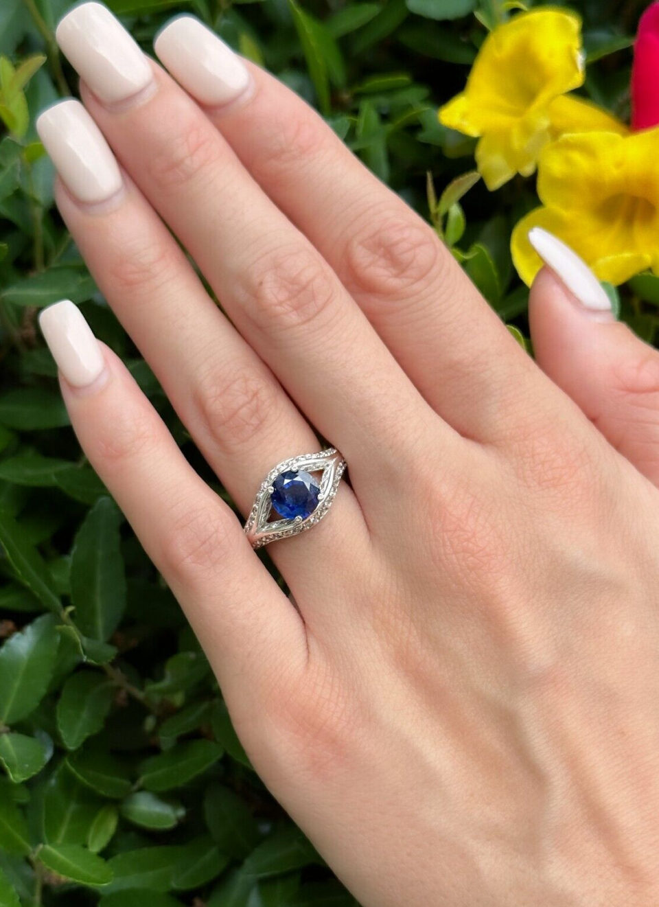 14k Natural Sapphire Diamond Solitaire Ring White Gold Size 6.5 Vintage shown worn