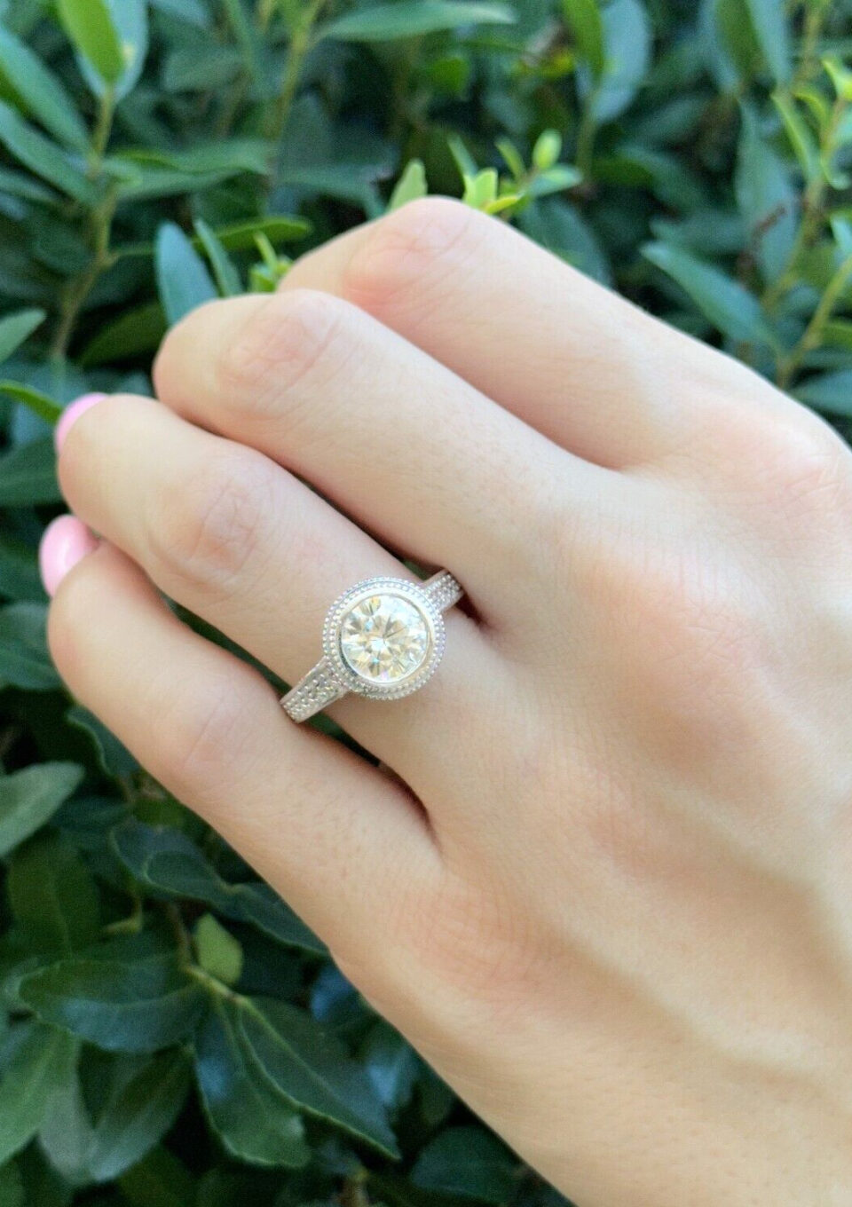 14k Engagement Ring Band Moissanite White Gold Size 7.75 shown worn