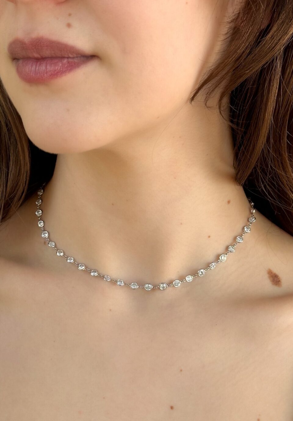 Platinum Diamond Station Necklace 9 carats Bezel Set 15" DBTY shown worn
