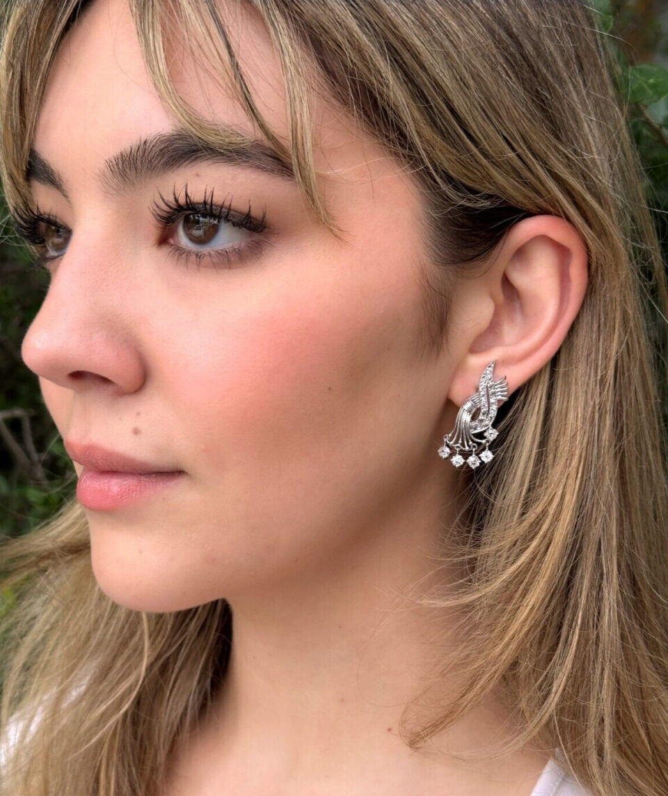 Vintage Diamond Spray Earrings 18k White Gold Old Mine Rose Cut Tremblant shown worn