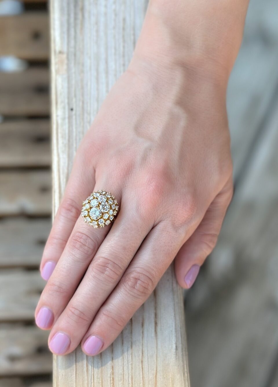 Vintage 18k Yellow Gold 4ct Pave Diamond Dome Ring Size 7.25 Adjustable shown worn