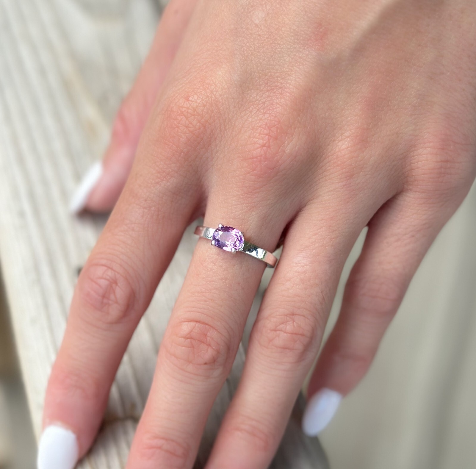 14k White Gold 1.36 ct No Heat Ceylon Pink Sapphire Solitaire Ring Size 7 shown worn