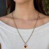 Sonja Picard 18k Gold Enamel Fire Opal Diamond Heart Necklace 24" shown worn