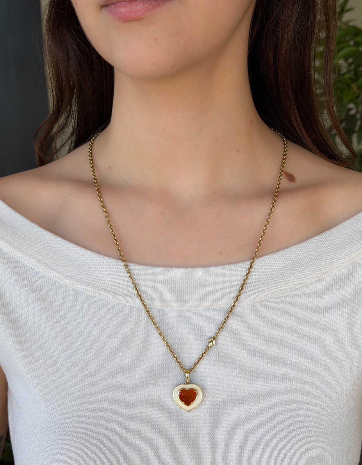 Sonja Picard 18k Gold Enamel Fire Opal Diamond Heart Necklace 24" shown worn