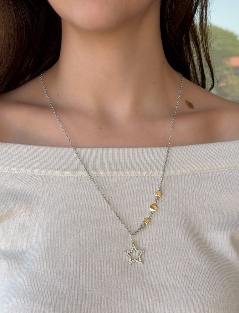 Sonja Picard 14k Gold Sterling Diamond Destiny Star Necklace 23" shown worn