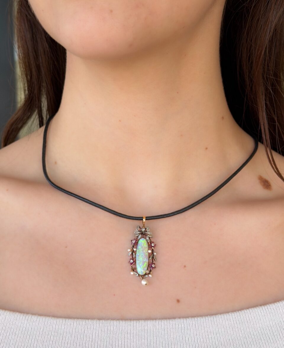 Antique 18k Opal Diamond Ruby Pendant Yellow Gold Fitted Box shown worn
